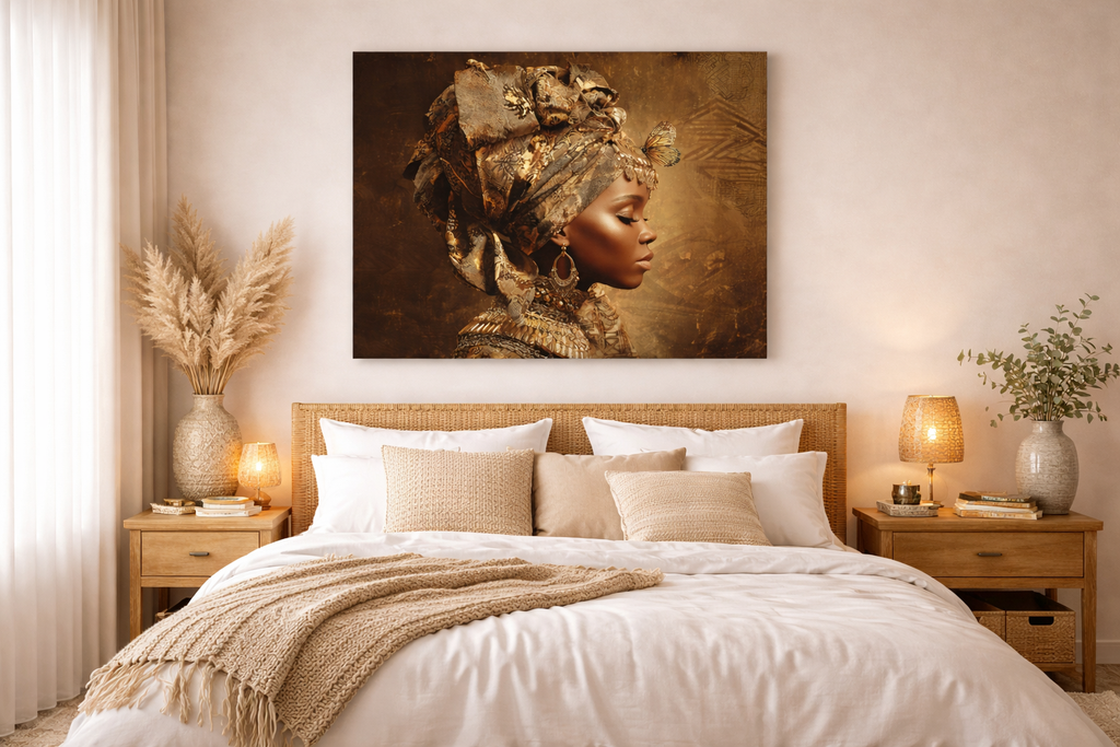 Golden Queen Portrait Canvas – African Goddess Profile Matte Canvas Art