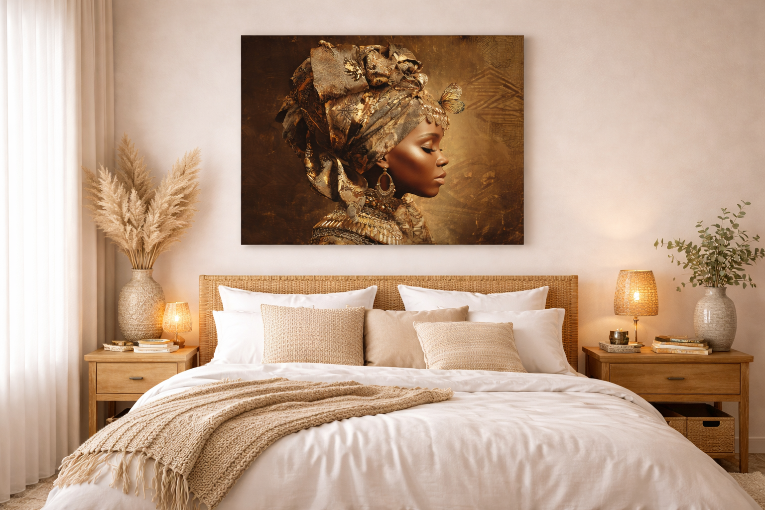 Golden Queen Portrait Canvas – African Goddess Profile Matte Canvas Art