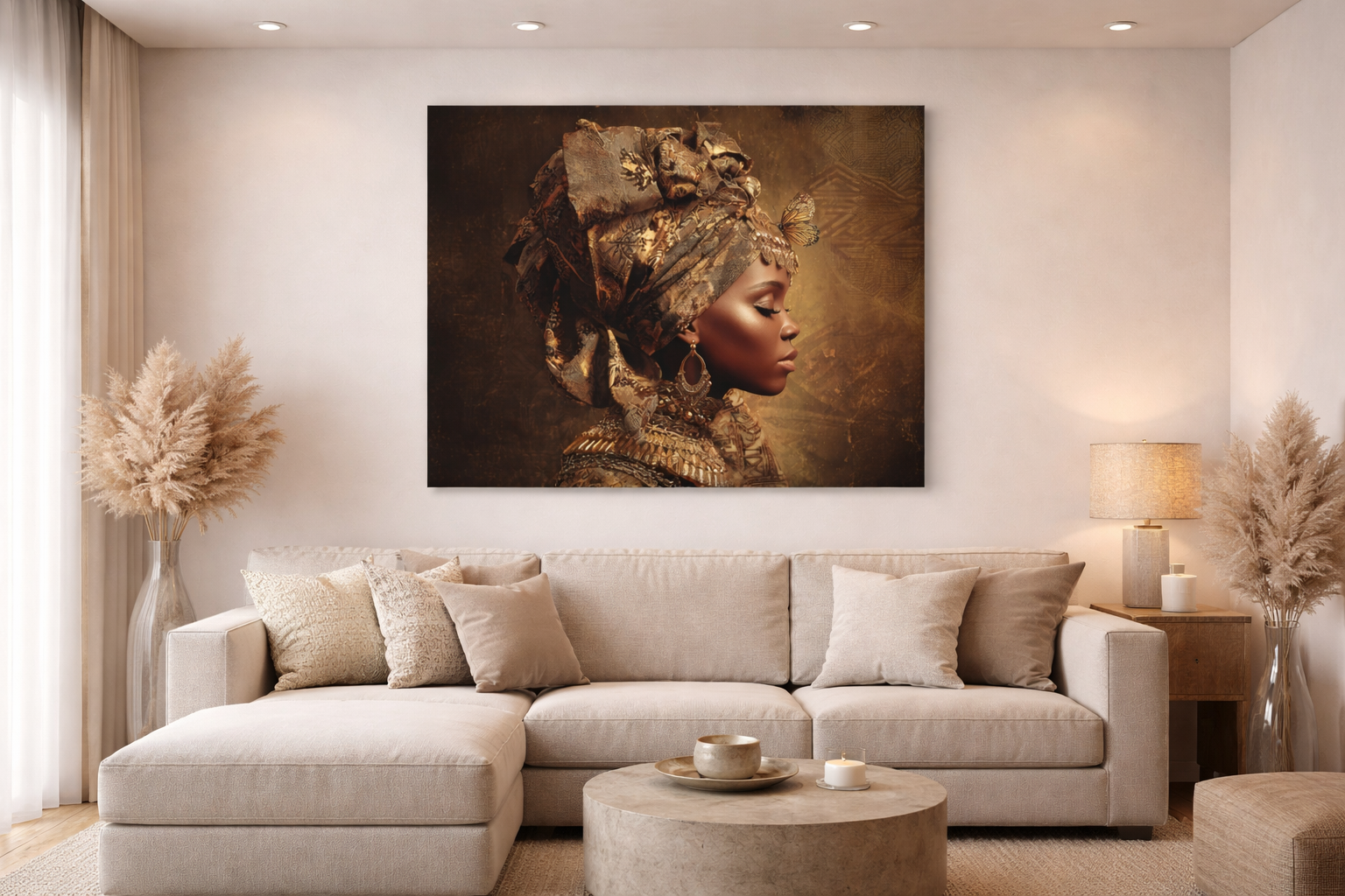 Golden Queen Portrait Canvas – African Goddess Profile Matte Canvas Art