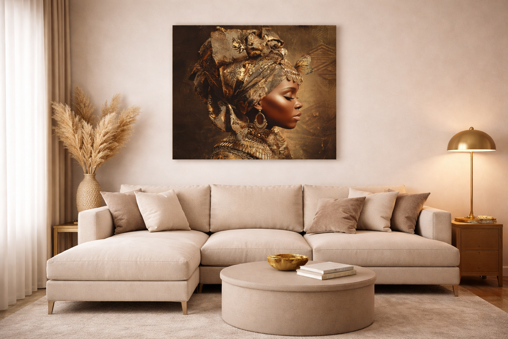 Golden Queen Portrait Canvas – African Goddess Profile Matte Canvas Art