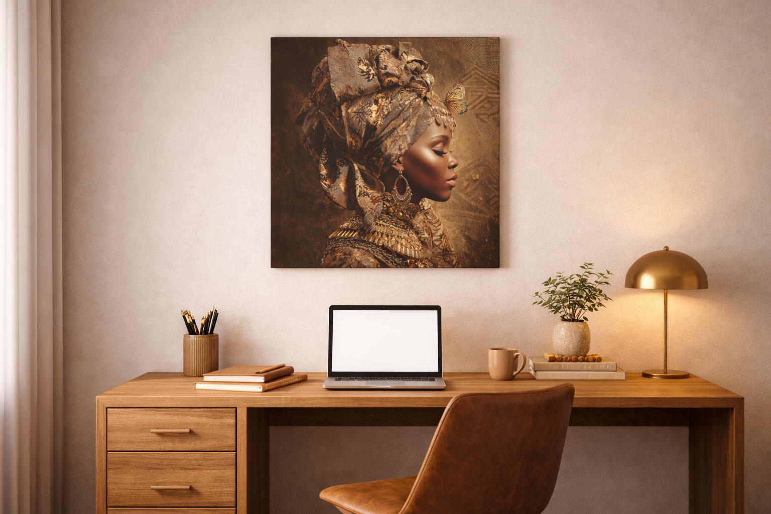 Golden Queen Portrait Canvas – African Goddess Profile Matte Canvas Art