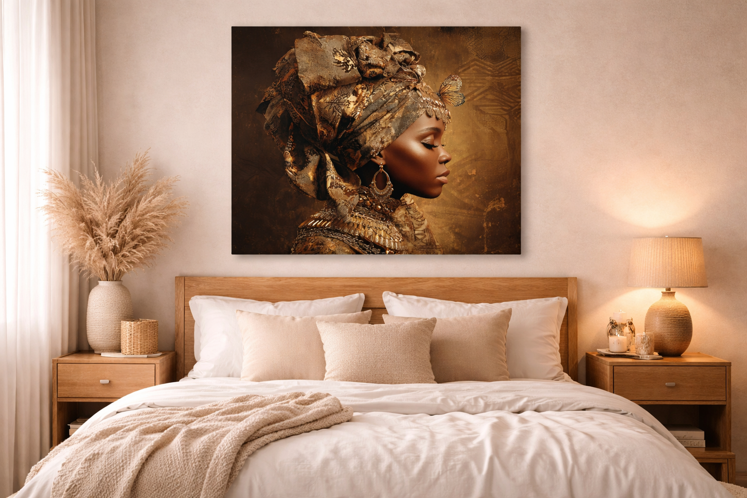Golden Queen Portrait Canvas – African Goddess Profile Matte Canvas Art