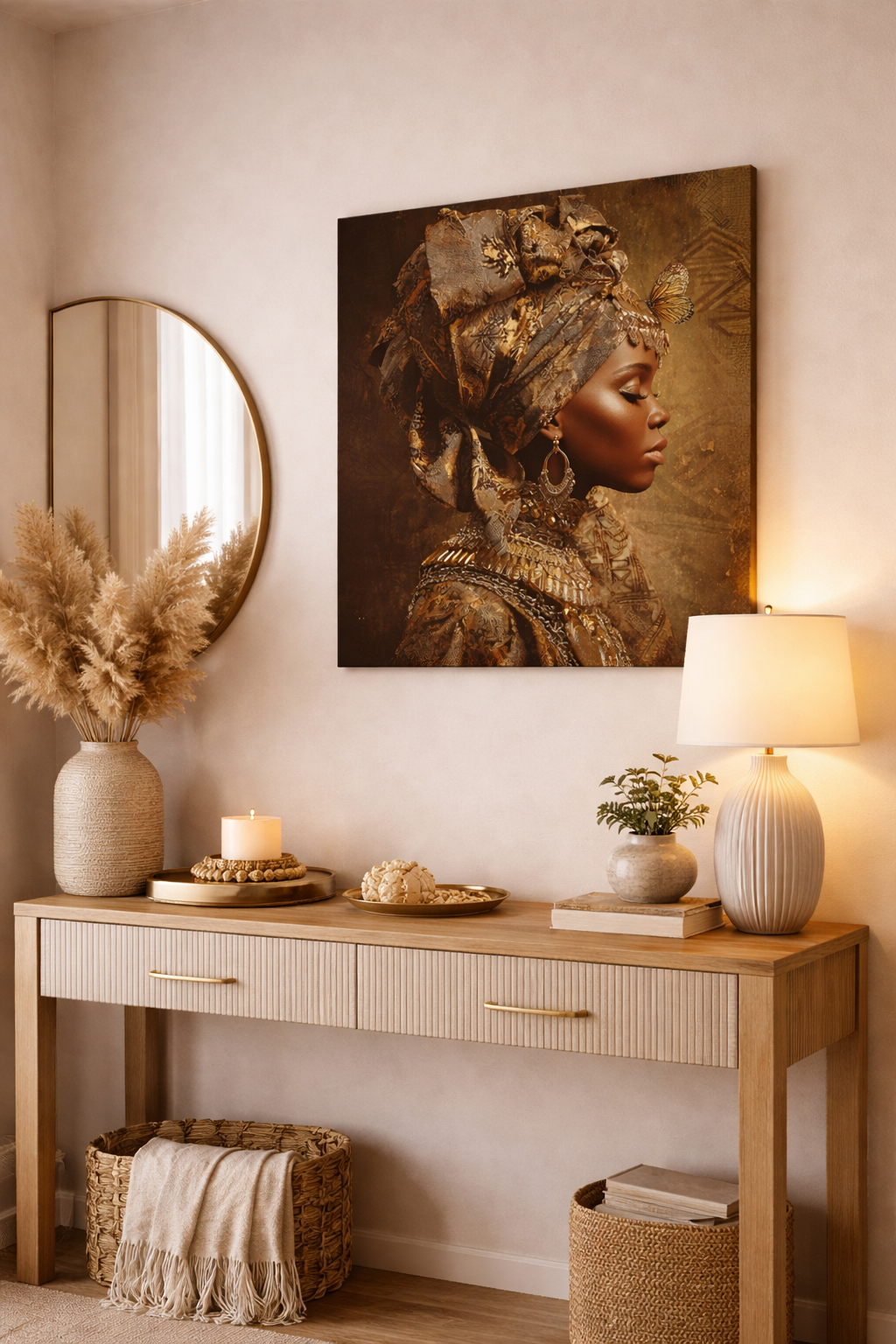 Golden Queen Portrait Canvas – African Goddess Profile Matte Canvas Art