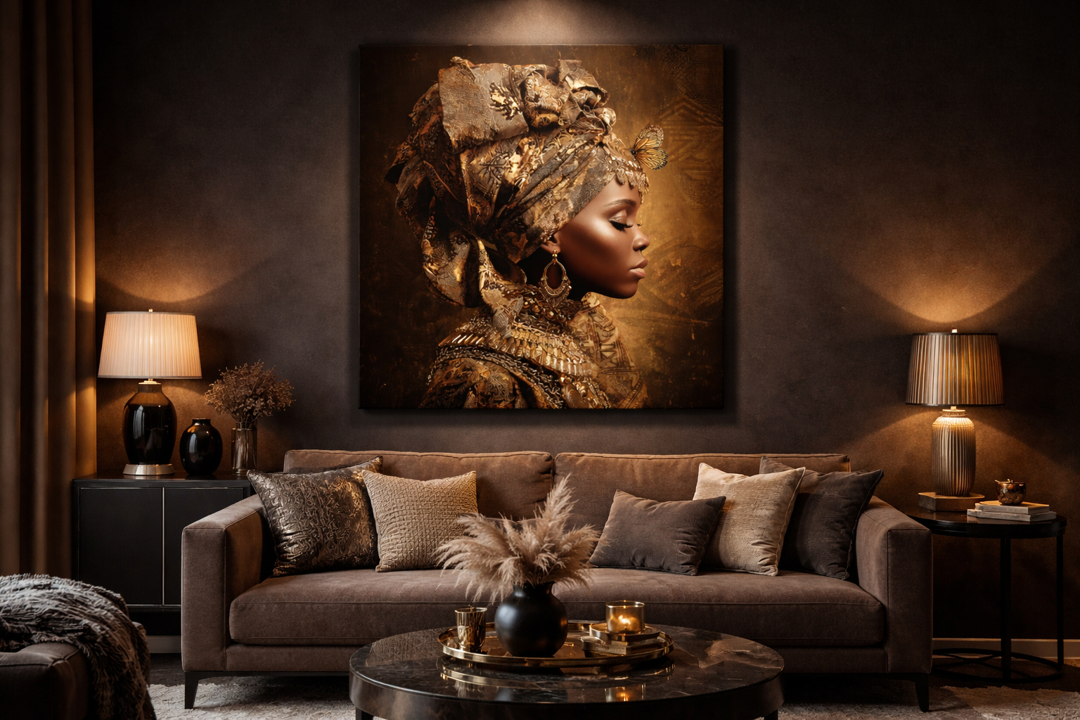 Golden Queen Portrait Canvas – African Goddess Profile Matte Canvas Art