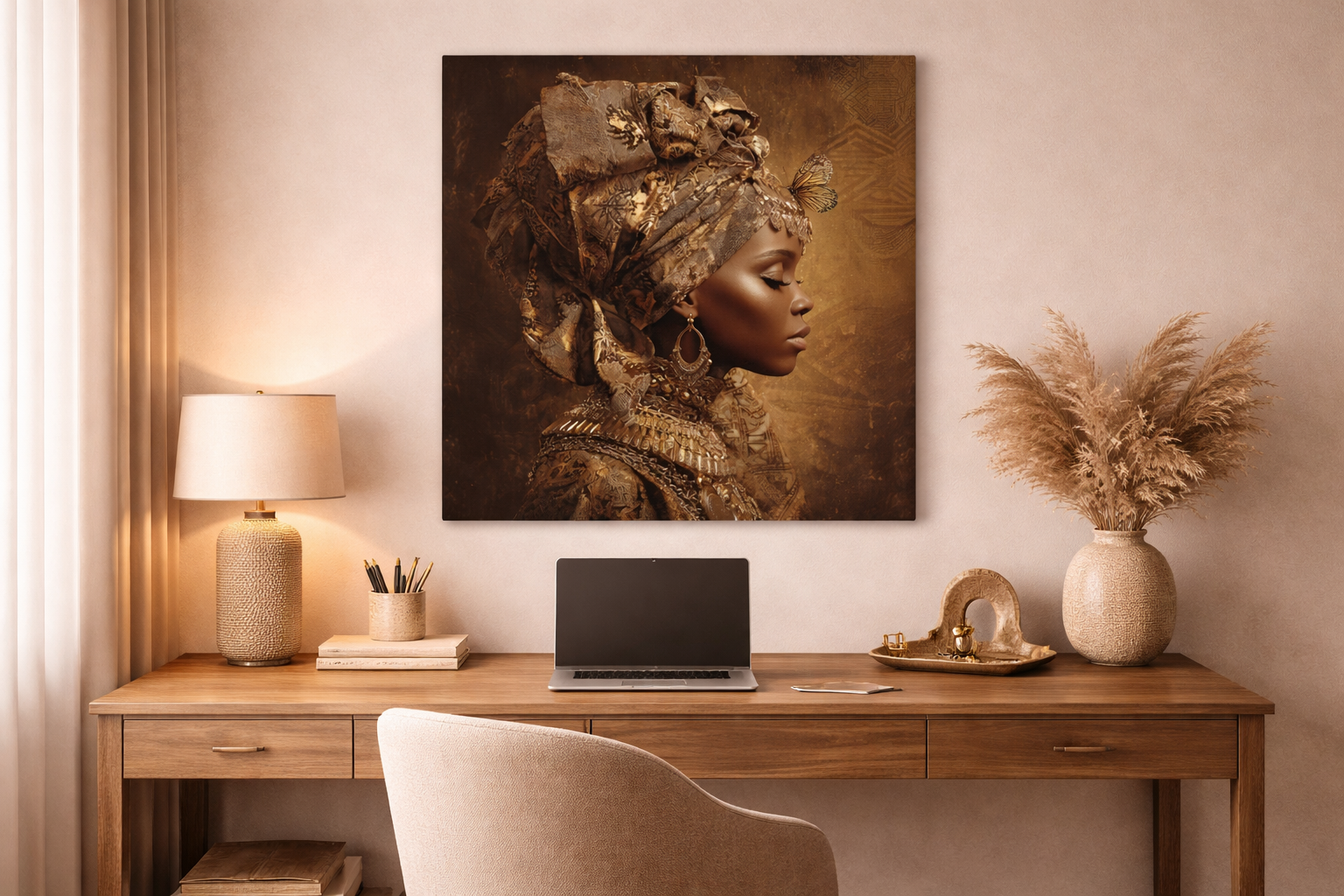 Golden Queen Portrait Canvas – African Goddess Profile Matte Canvas Art
