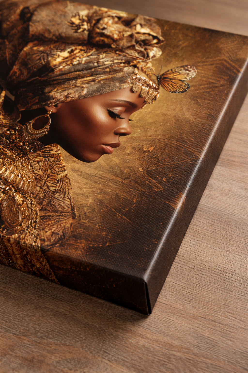Golden Queen Portrait Canvas – African Goddess Profile Matte Canvas Art