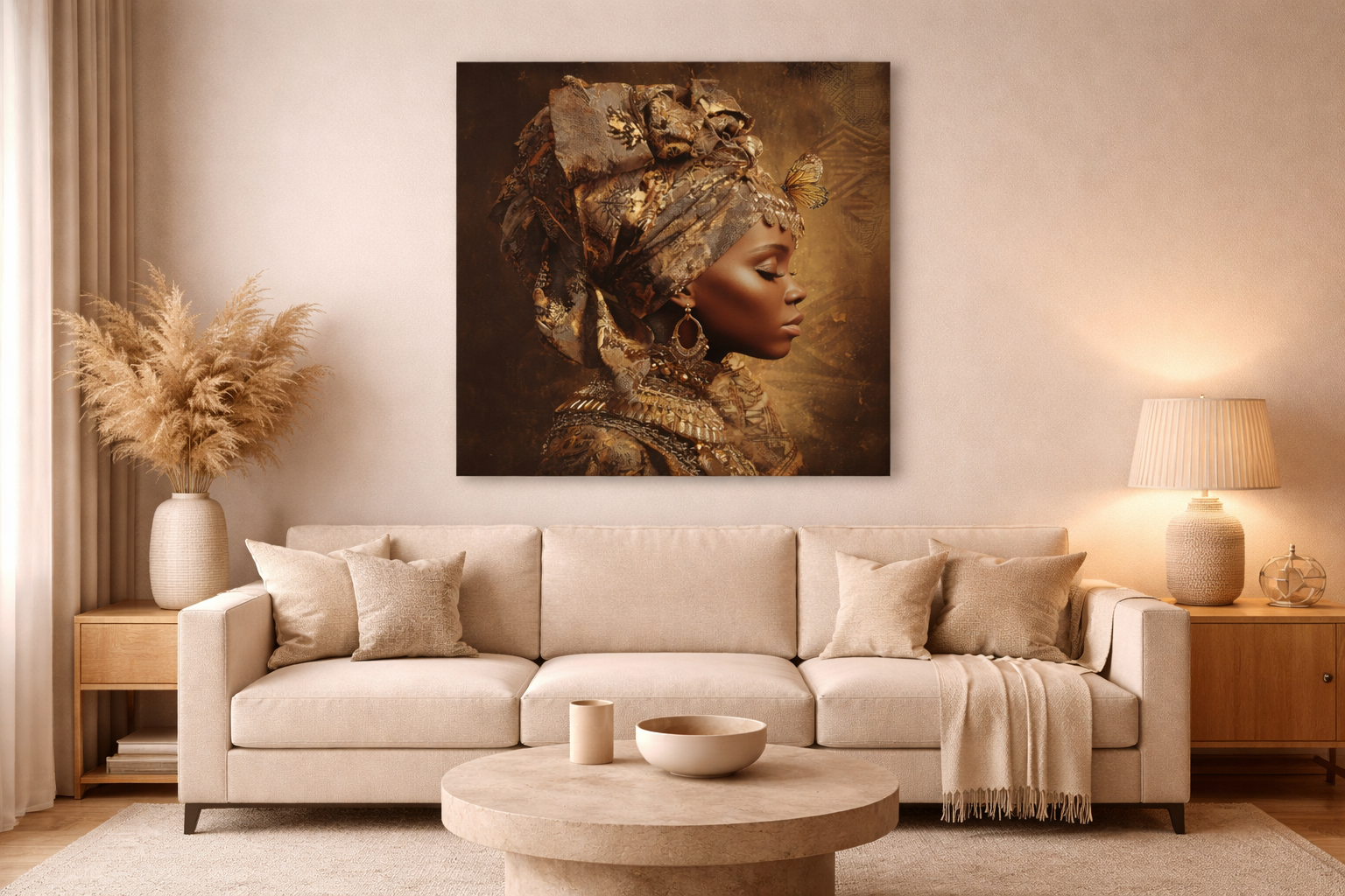 Golden Queen Portrait Canvas – African Goddess Profile Matte Canvas Art