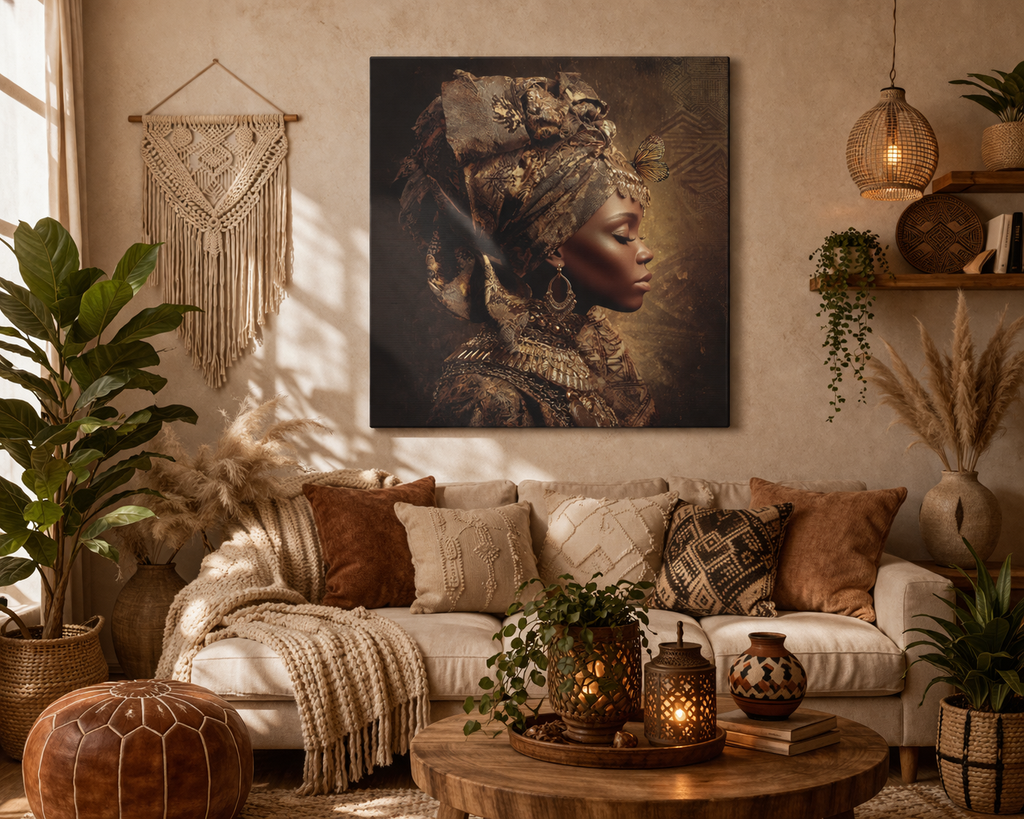 Golden Queen Portrait Canvas – African Goddess Profile Matte Canvas Art