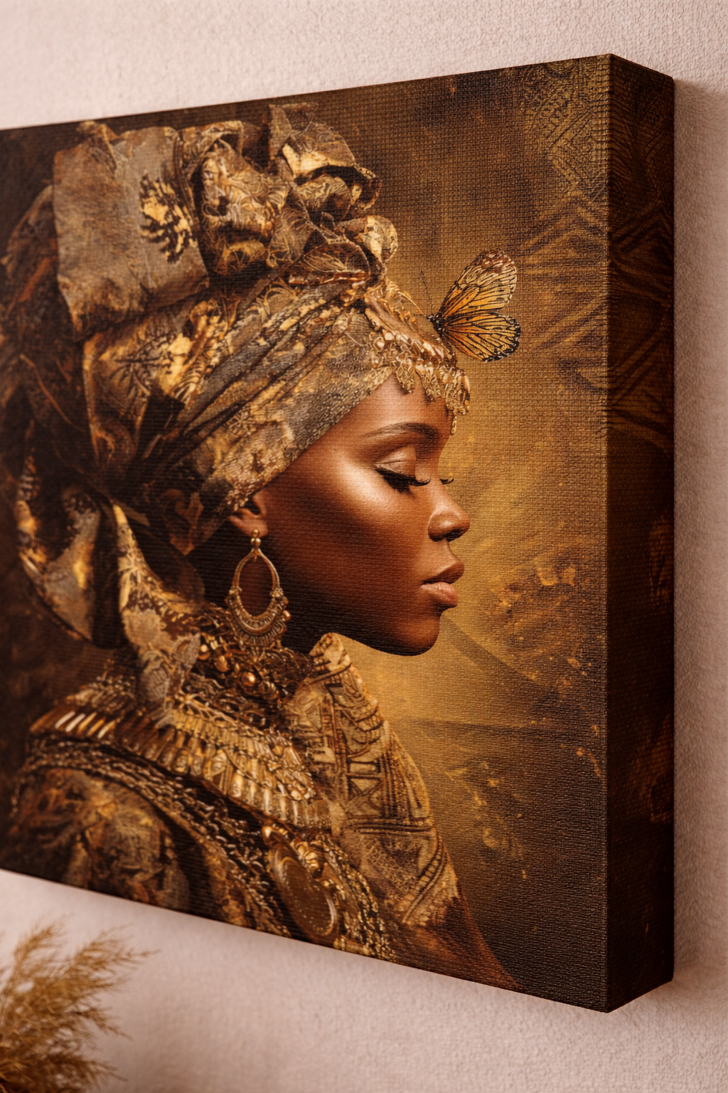 Golden Queen Portrait Canvas – African Goddess Profile Matte Canvas Art