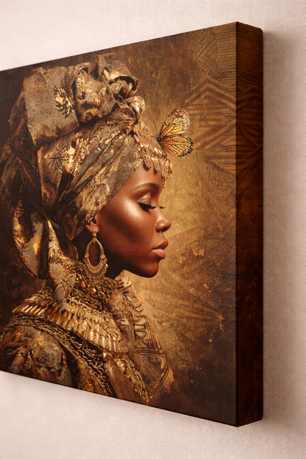 Golden Queen Portrait Canvas – African Goddess Profile Matte Canvas Art