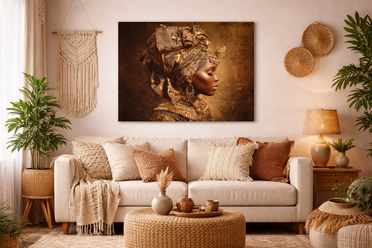Golden Queen Portrait Canvas – African Goddess Profile Matte Canvas Art