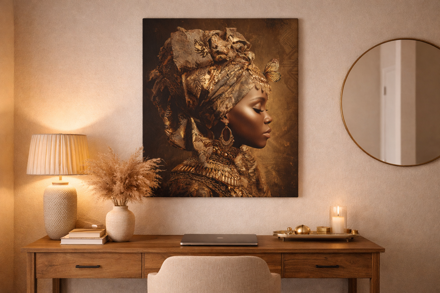 Golden Queen Portrait Canvas – African Goddess Profile Matte Canvas Art