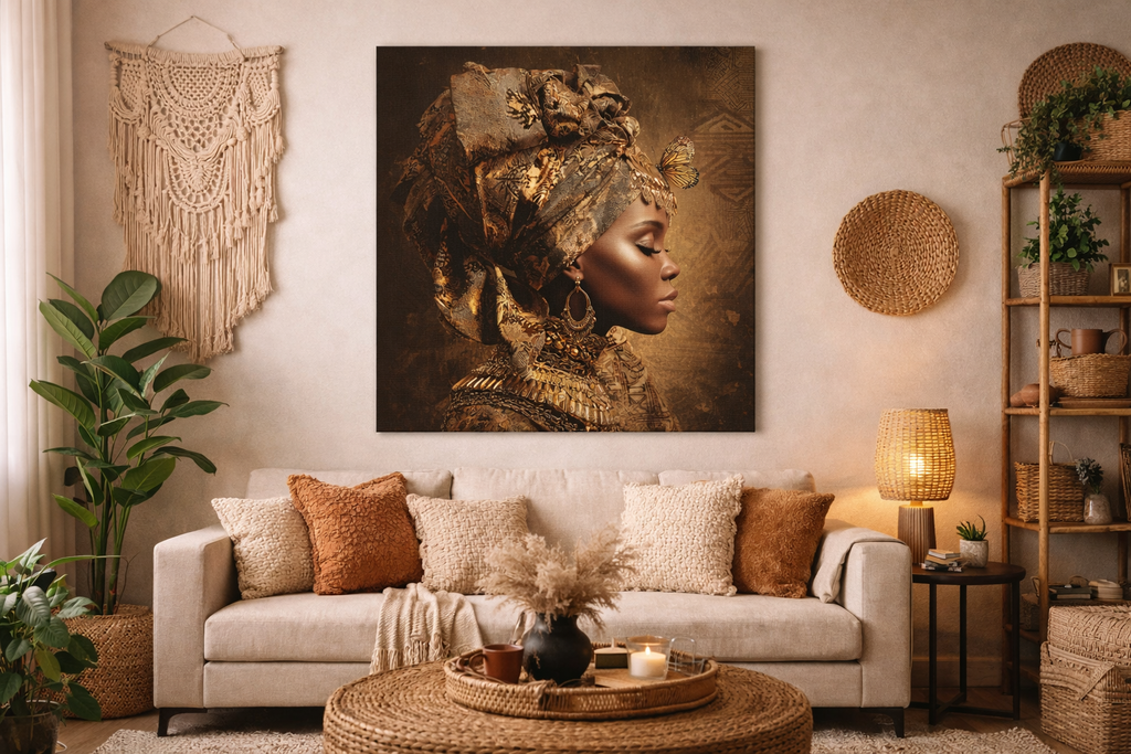 Golden Queen Portrait Canvas – African Goddess Profile Matte Canvas Art