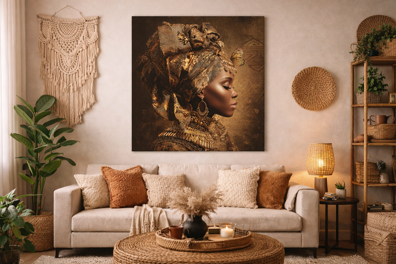 Golden Queen Portrait Canvas – African Goddess Profile Matte Canvas Art