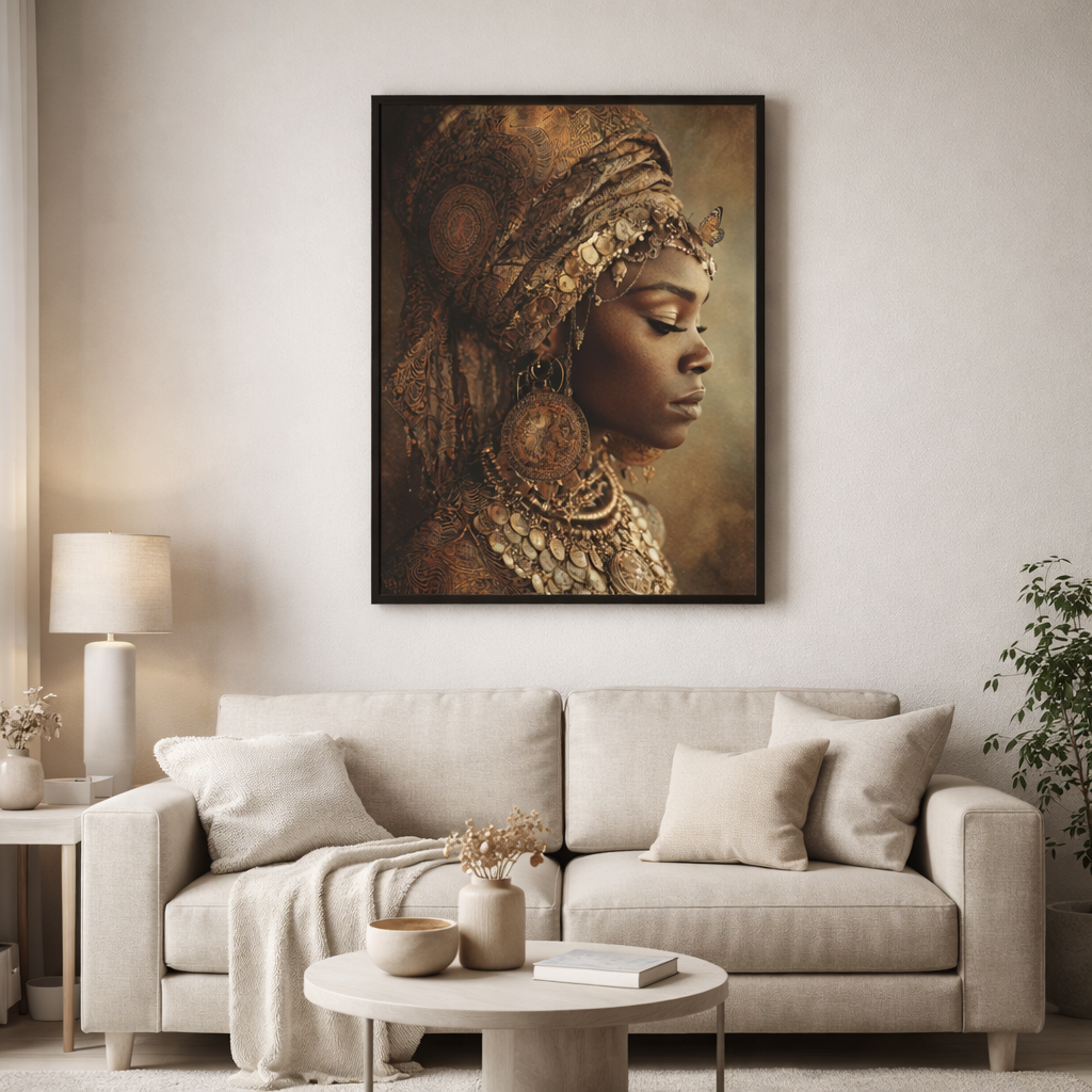 Gold Empress Portrait Canvas – African Queen Wall Art, Matte Stretched 1.25"