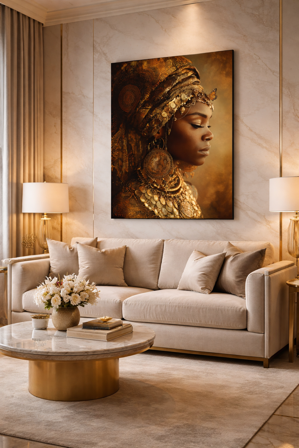 Gold Empress Portrait Canvas – African Queen Wall Art, Matte Stretched 1.25"