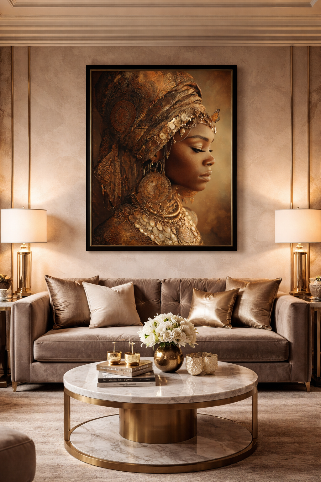 Gold Empress Portrait Canvas – African Queen Wall Art, Matte Stretched 1.25"