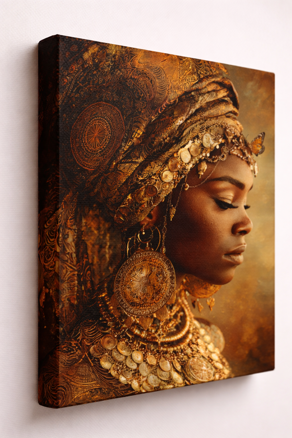 Gold Empress Portrait Canvas – African Queen Wall Art, Matte Stretched 1.25"