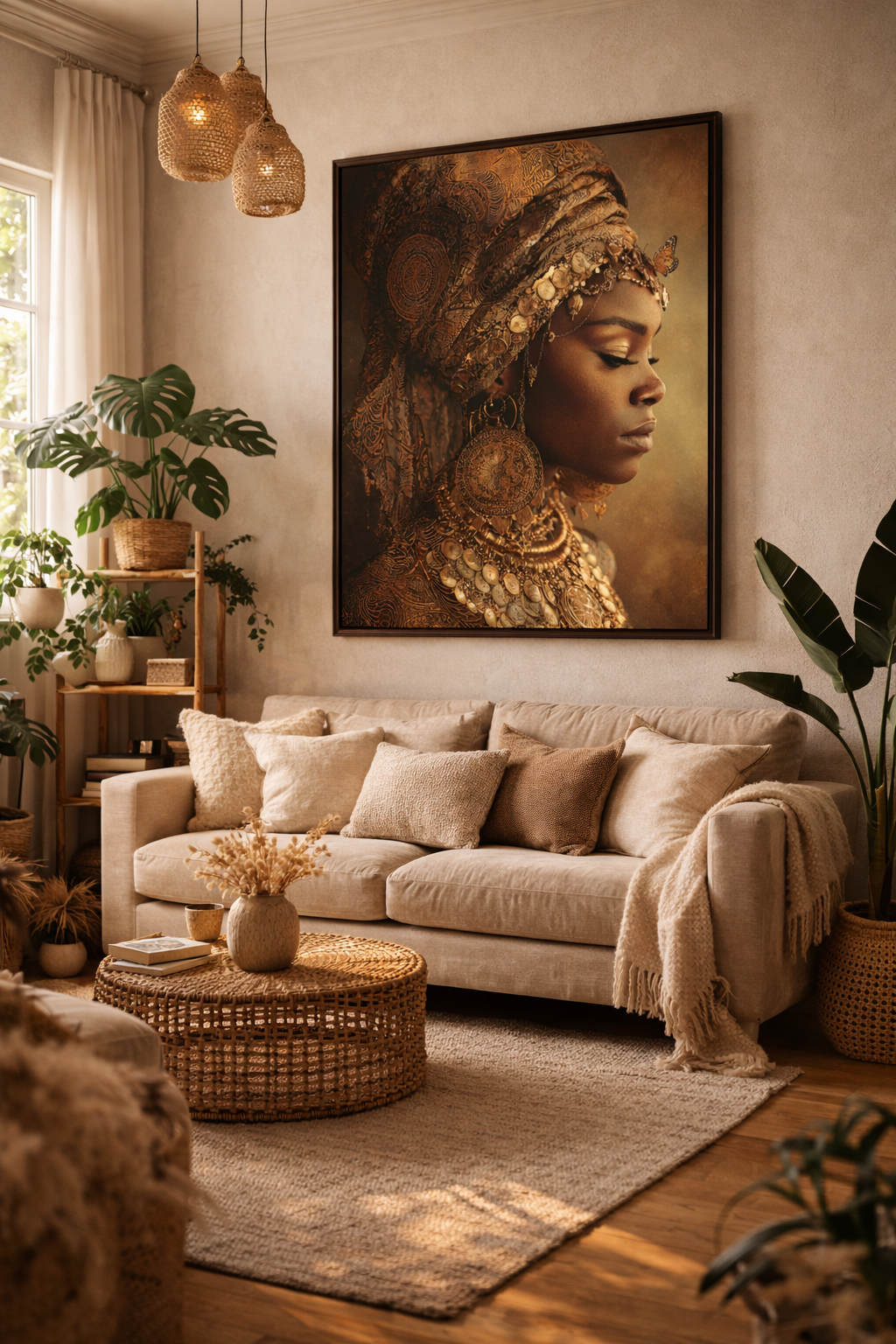 Gold Empress Portrait Canvas – African Queen Wall Art, Matte Stretched 1.25"