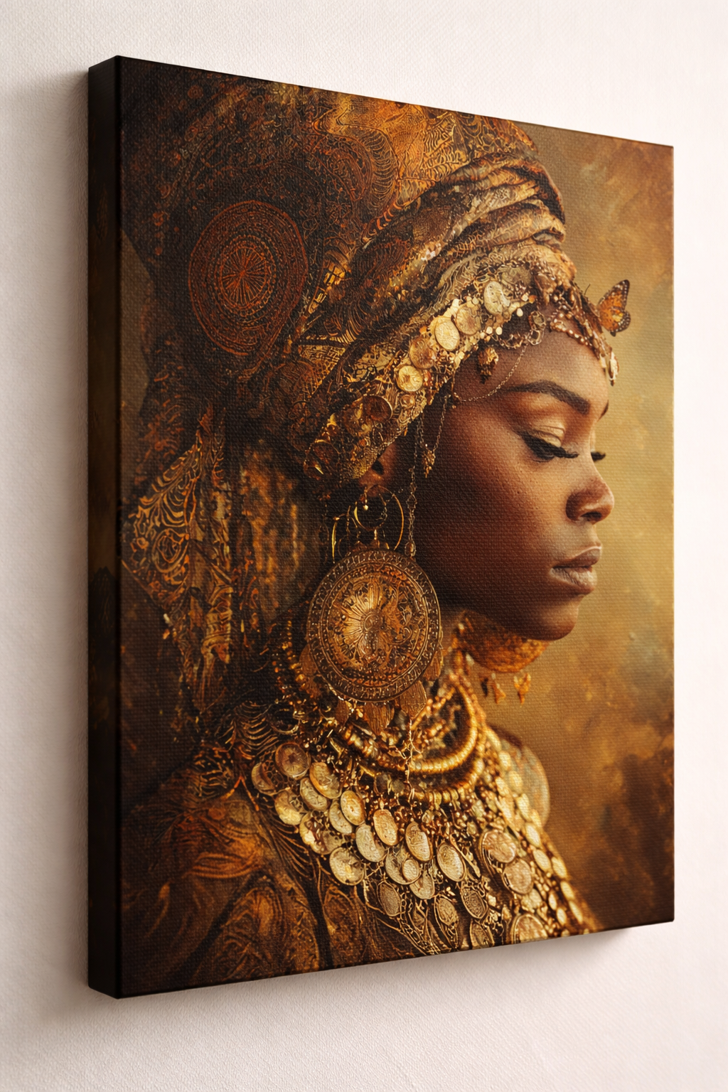 Gold Empress Portrait Canvas – African Queen Wall Art, Matte Stretched 1.25"