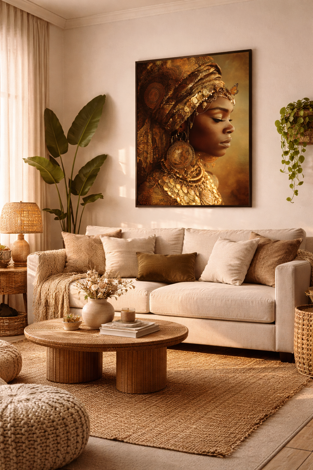 Gold Empress Portrait Canvas – African Queen Wall Art, Matte Stretched 1.25"