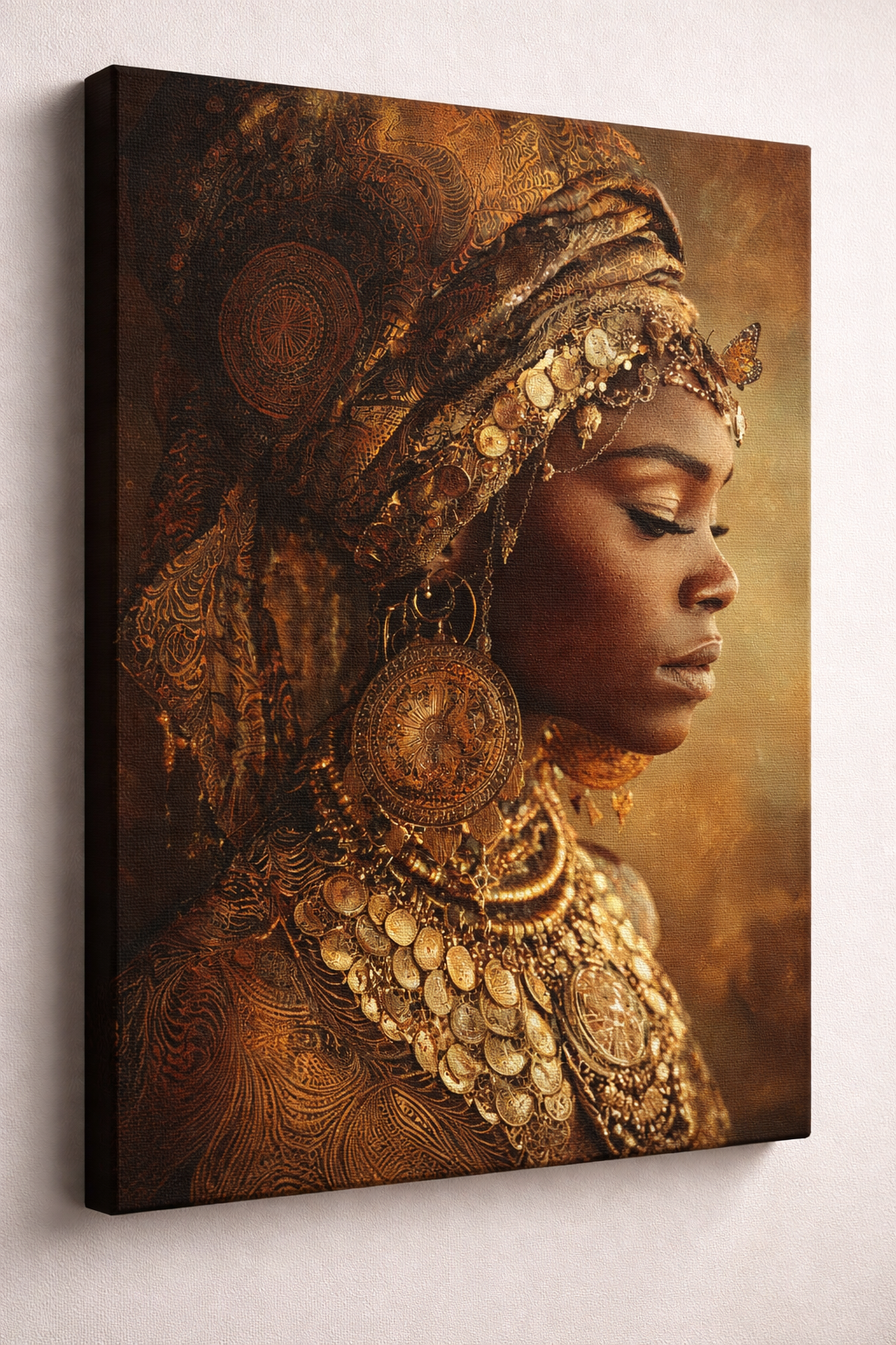 Gold Empress Portrait Canvas – African Queen Wall Art, Matte Stretched 1.25"