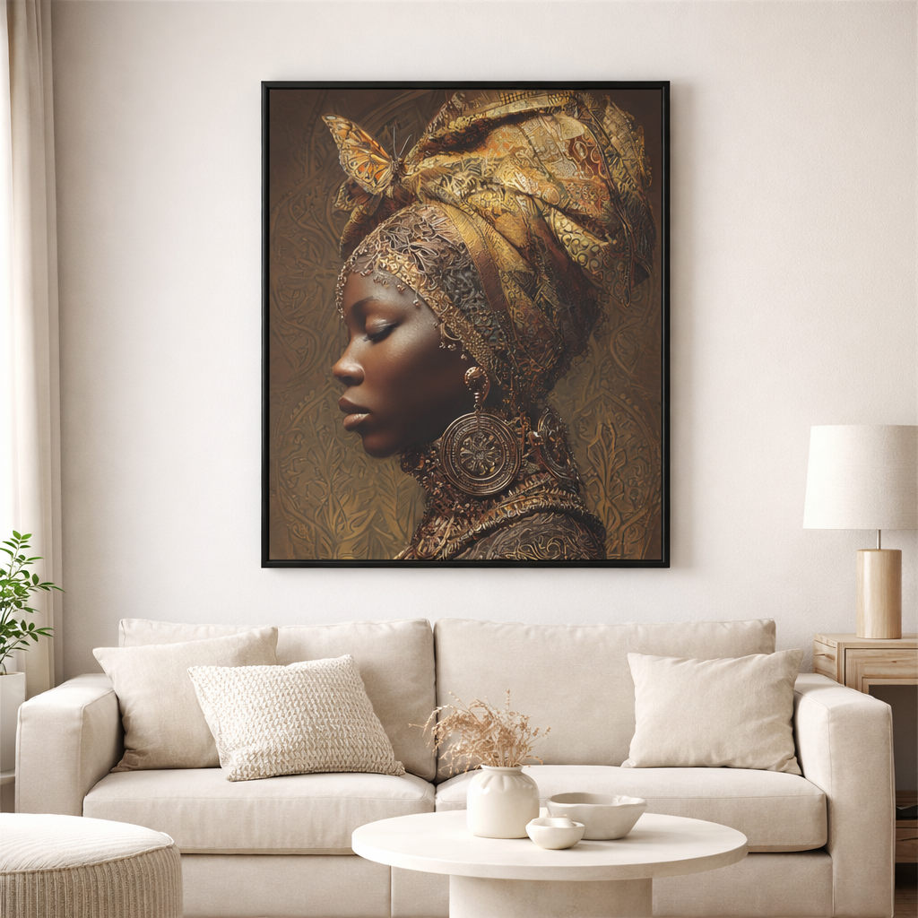 African Woman Wall Art Canvas Print – Gold Headwrap Portrait, Black Woman Art, Boho Neutral Modern Home Decor