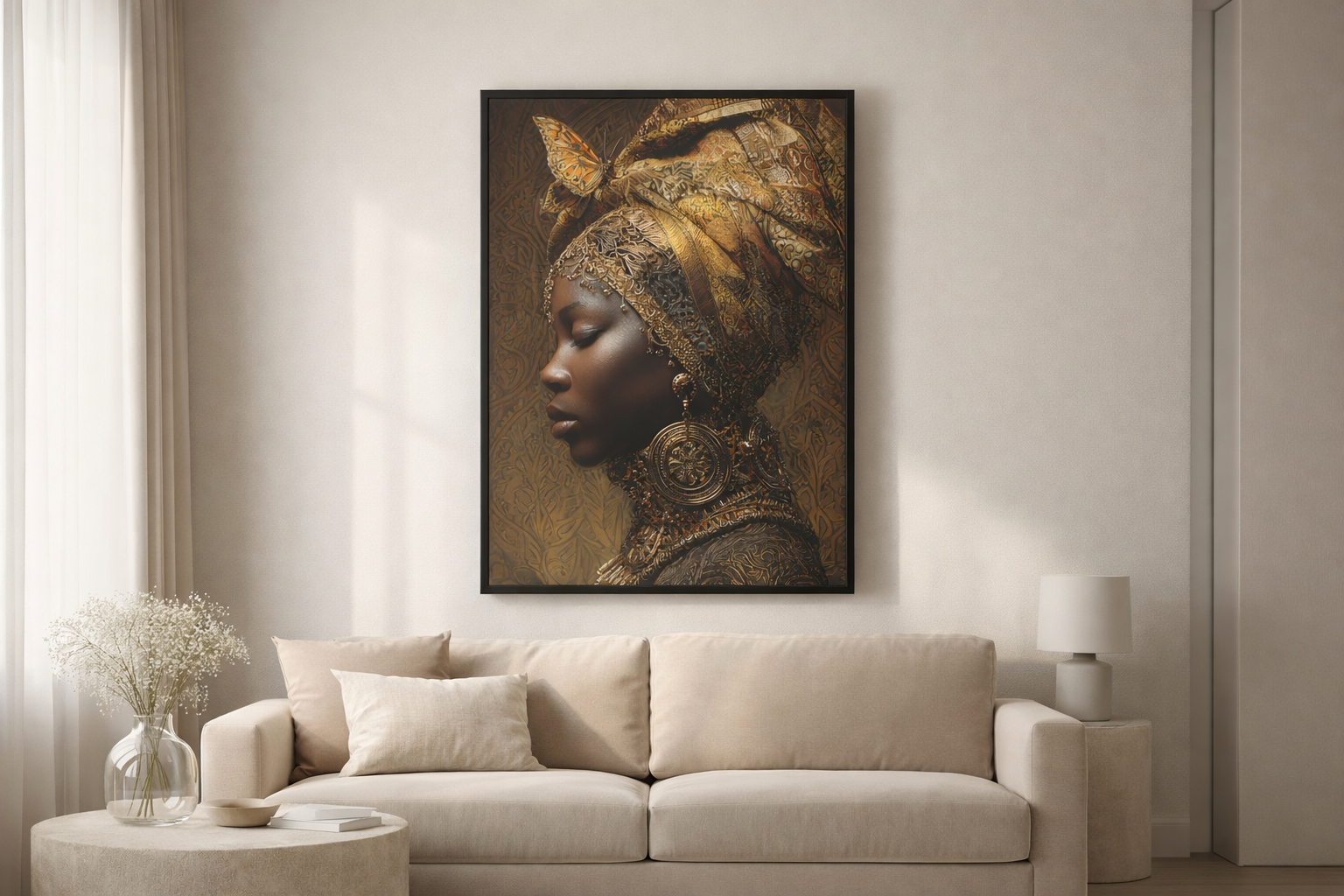 African Woman Wall Art Canvas Print – Gold Headwrap Portrait, Black Woman Art, Boho Neutral Modern Home Decor