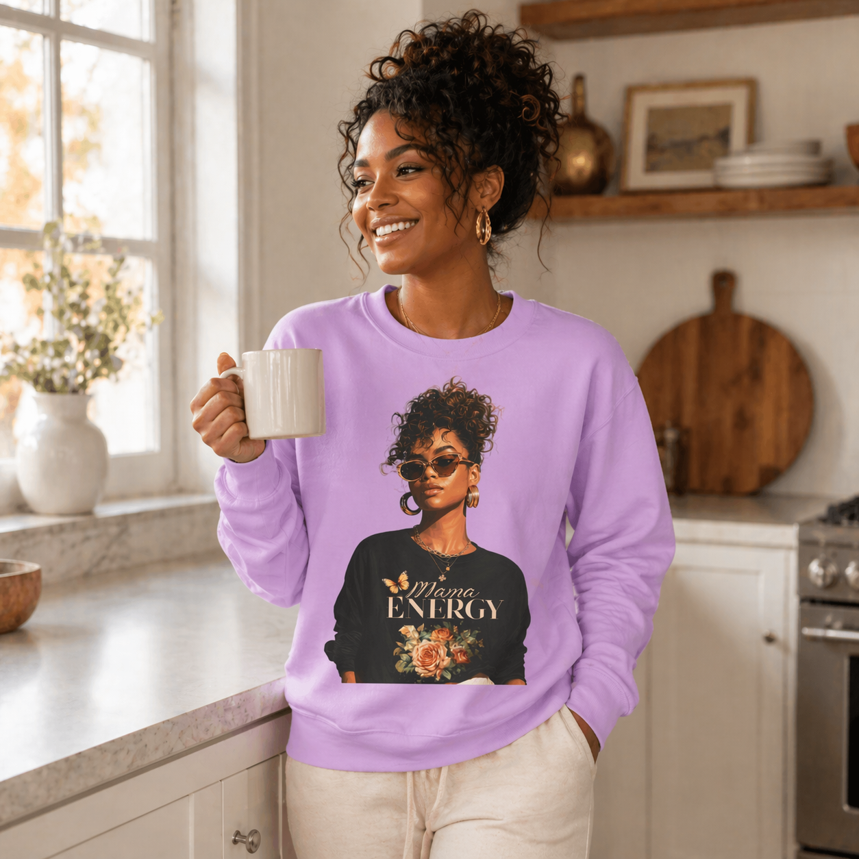 Mama Energy Sweatshirt for Women, Stylish Mom Crewneck Sweatshirt, Trendy Motherhood Graphic Sweatshirt, Gift for Mom, Black Mom Fashion Pullover