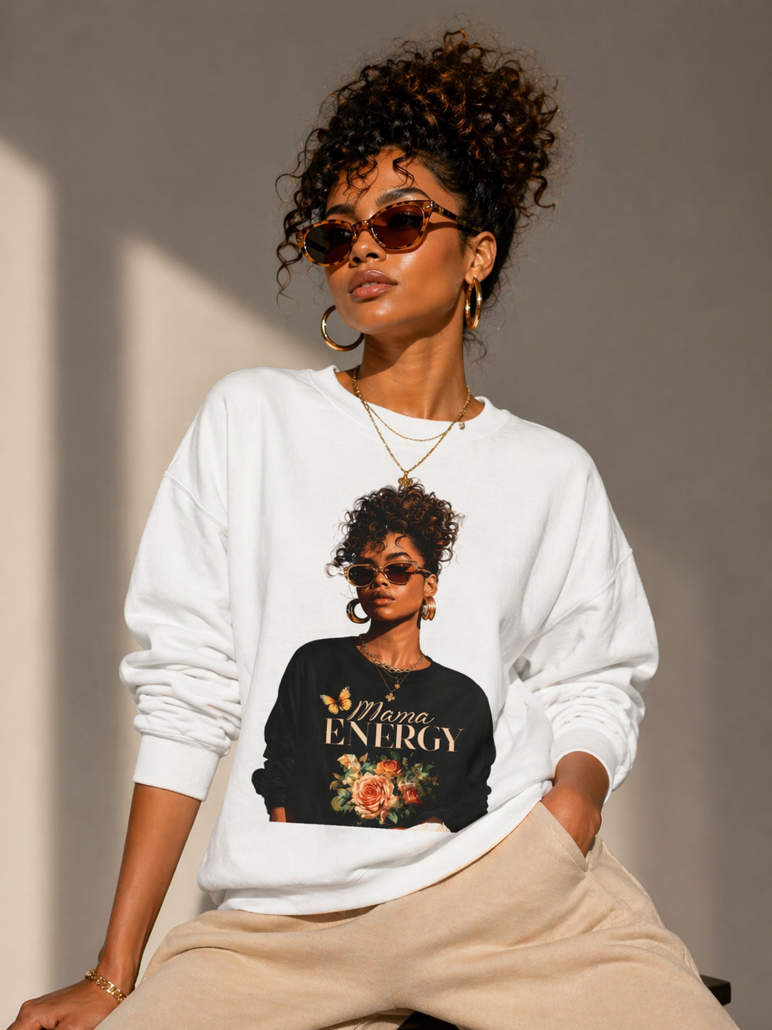 Mama Energy Sweatshirt for Women, Stylish Mom Crewneck Sweatshirt, Trendy Motherhood Graphic Sweatshirt, Gift for Mom, Black Mom Fashion Pullover