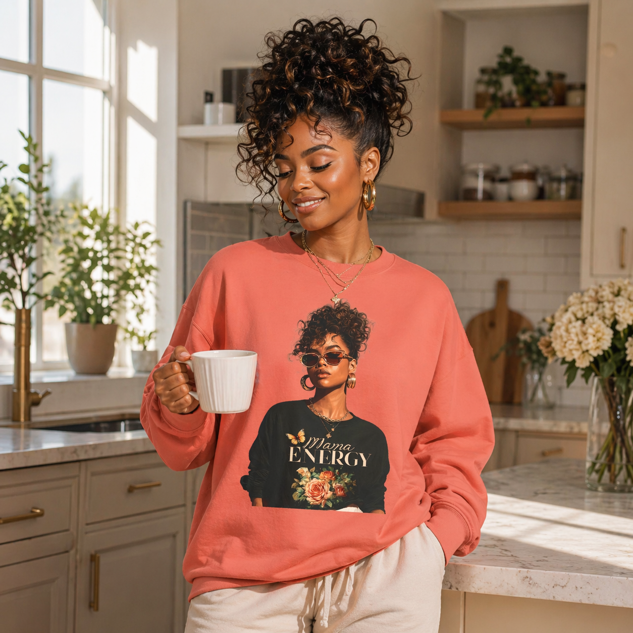 Mama Energy Sweatshirt for Women, Stylish Mom Crewneck Sweatshirt, Trendy Motherhood Graphic Sweatshirt, Gift for Mom, Black Mom Fashion Pullover