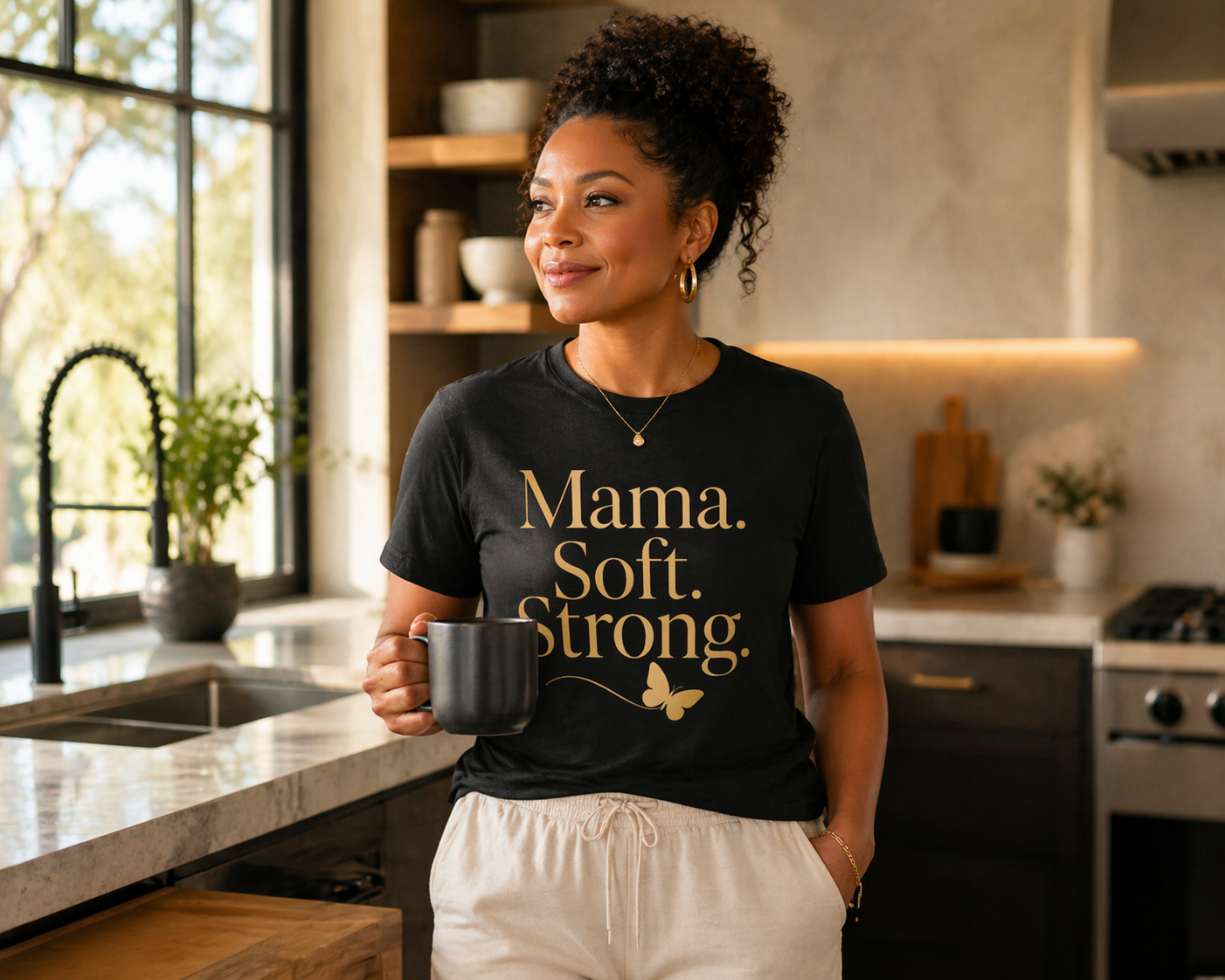 Mama Soft Strong Shirt for Women | Empowering Mom Graphic Tee | Luxury Gold Typography Mama T-Shirt | Mother’s Day Gift for Mom