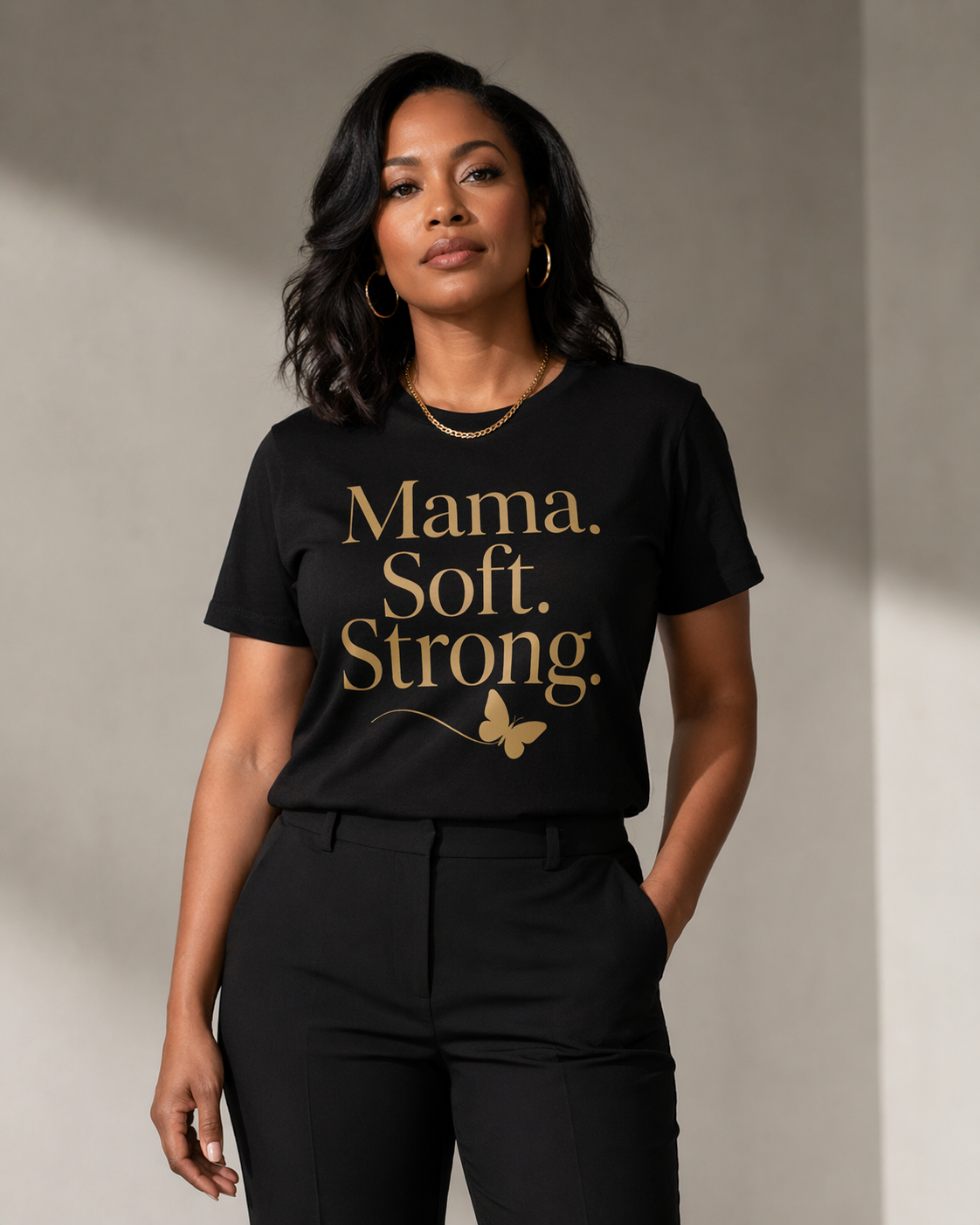 Mama Soft Strong Shirt for Women | Empowering Mom Graphic Tee | Luxury Gold Typography Mama T-Shirt | Mother’s Day Gift for Mom
