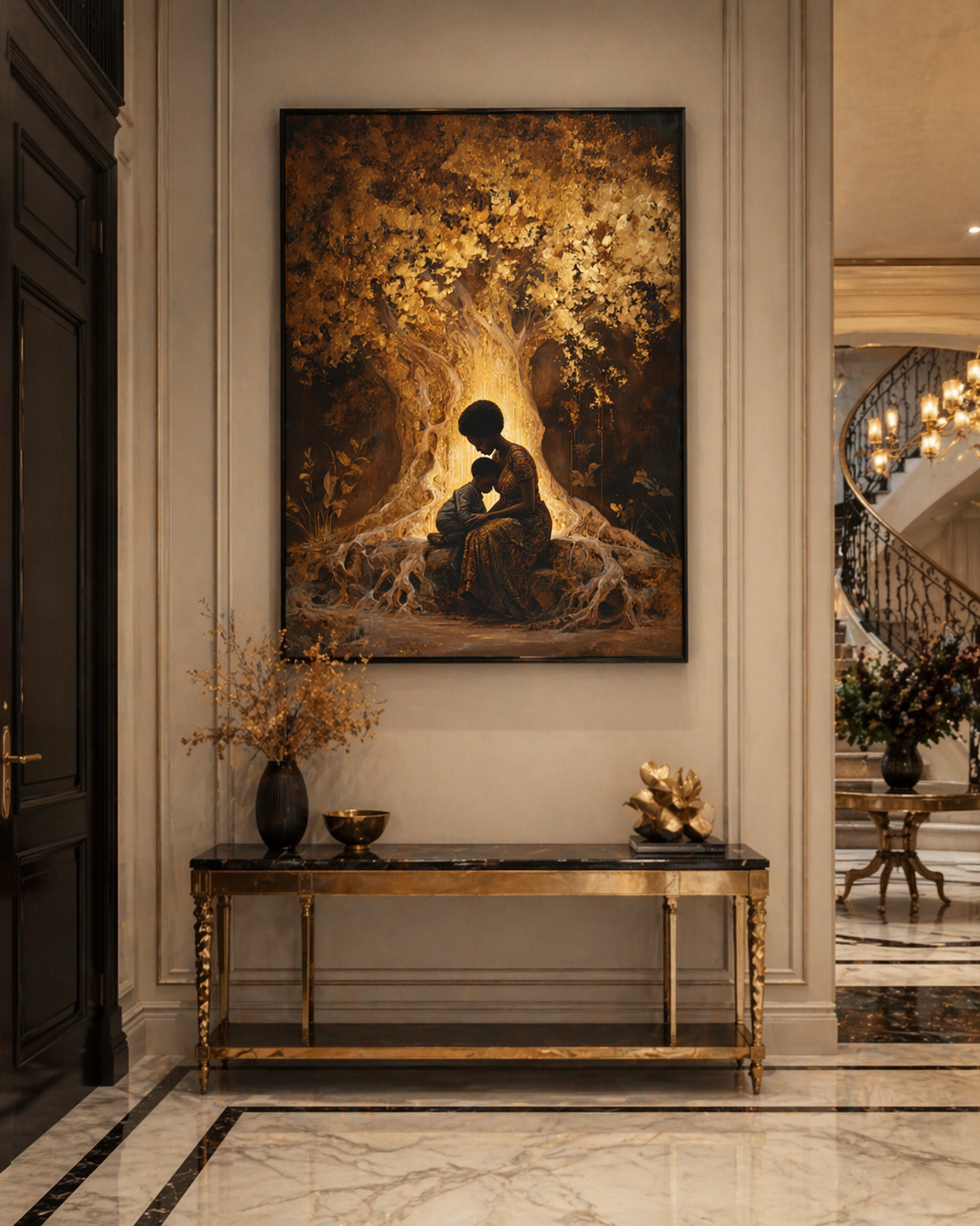 Black Mother and Child Wall Art Canvas Print, African American Motherhood Tree of Life Artwork, Luxury Black Family Canvas Decor, Healing Mother Love Wall Art