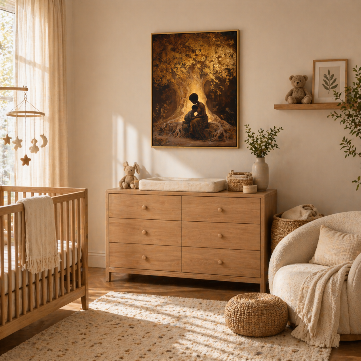 Black Mother and Child Wall Art Canvas Print, African American Motherhood Tree of Life Artwork, Luxury Black Family Canvas Decor, Healing Mother Love Wall Art