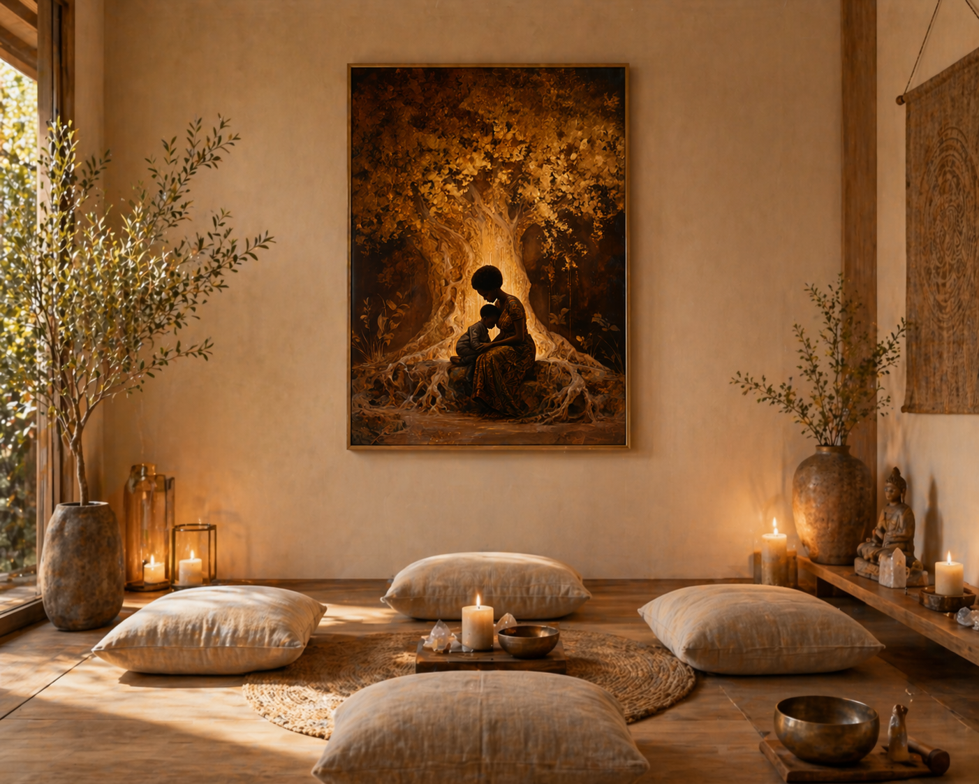 Black Mother and Child Wall Art Canvas Print, African American Motherhood Tree of Life Artwork, Luxury Black Family Canvas Decor, Healing Mother Love Wall Art