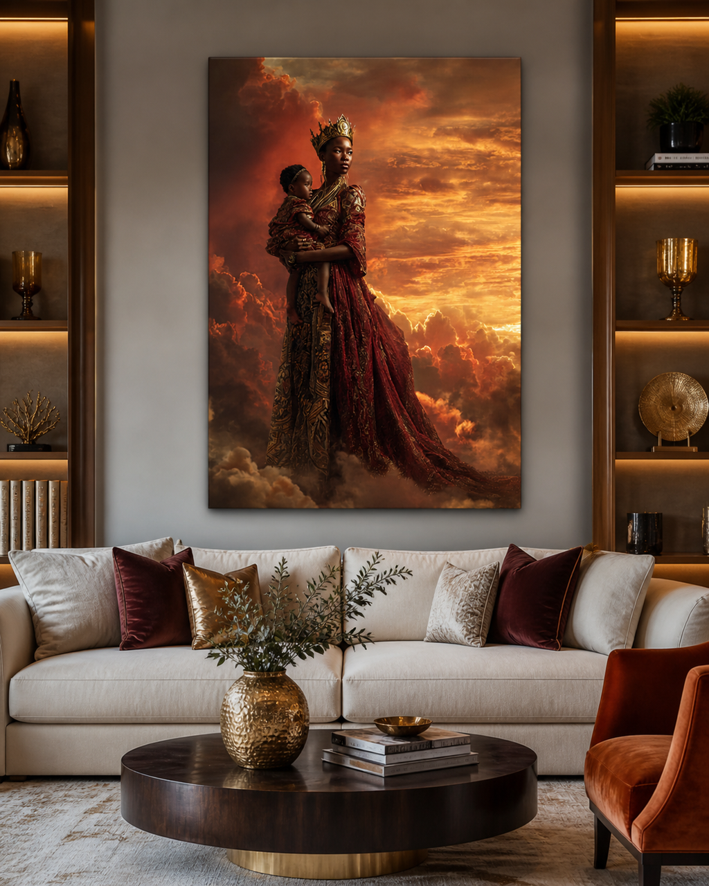 African Queen Mother Wall Art Canvas, Black Royalty Art Print, Melanin Motherhood Decor, Regal Black Woman Portrait, Afrocentric Home Decor, Luxury Gold Wall Art