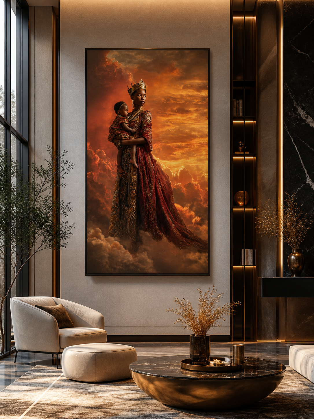 African Queen Mother Wall Art Canvas, Black Royalty Art Print, Melanin Motherhood Decor, Regal Black Woman Portrait, Afrocentric Home Decor, Luxury Gold Wall Art