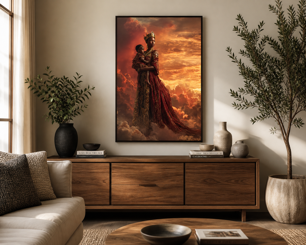 African Queen Mother Wall Art Canvas, Black Royalty Art Print, Melanin Motherhood Decor, Regal Black Woman Portrait, Afrocentric Home Decor, Luxury Gold Wall Art