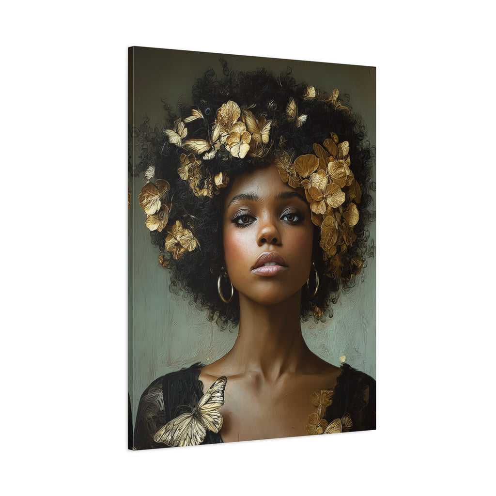 Black Woman Wall Art Canvas – Afro Gold Floral Portrait