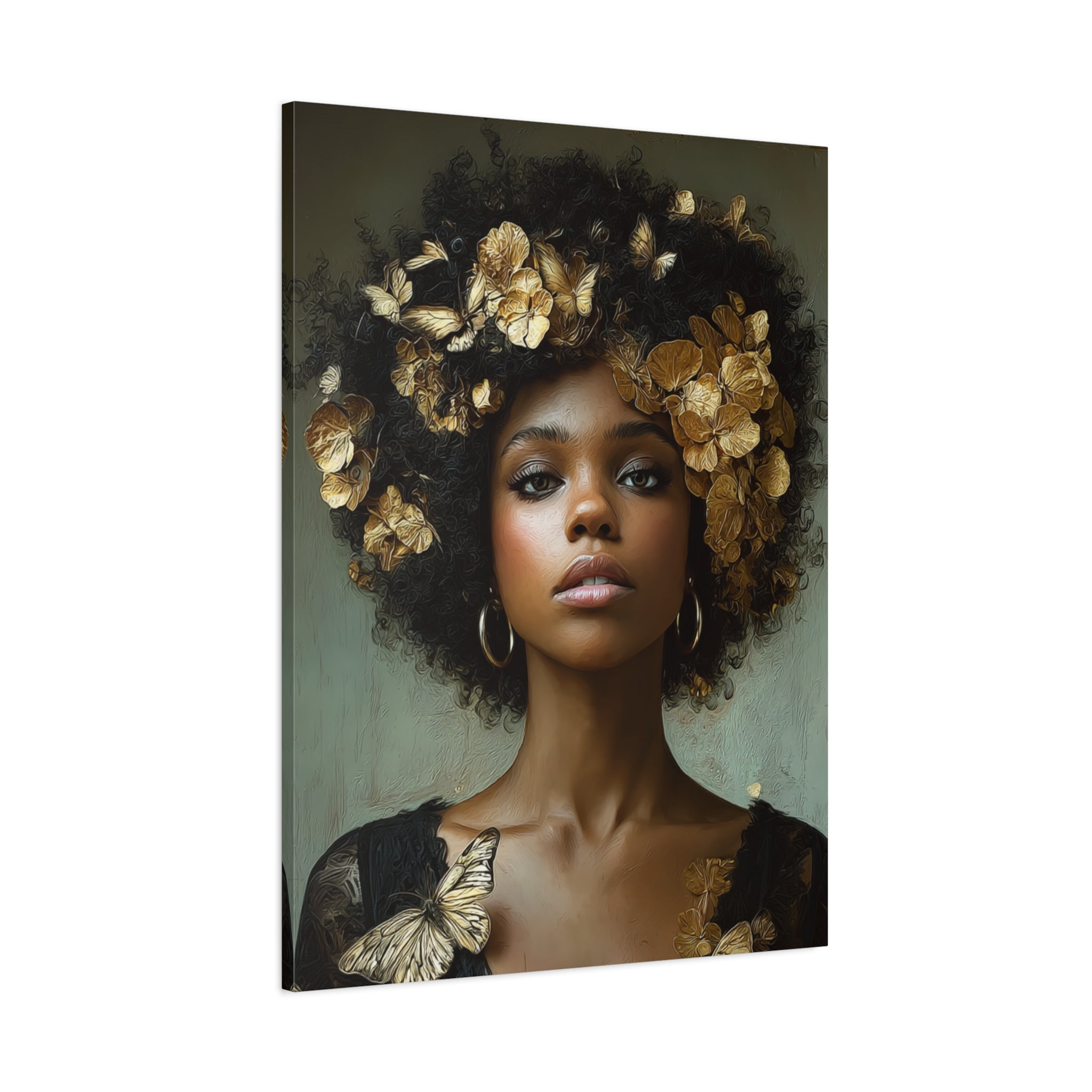 Black Woman Wall Art Canvas – Afro Gold Floral Portrait
