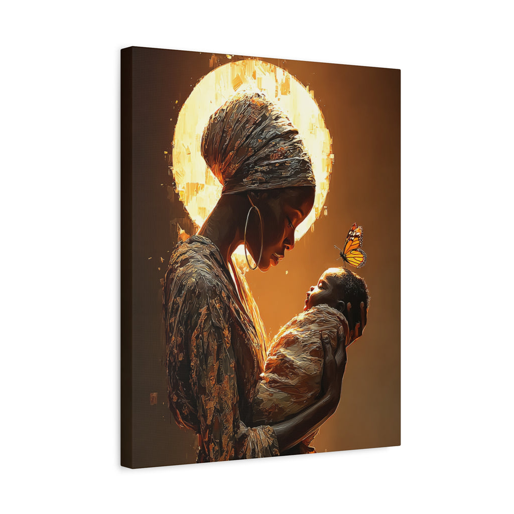 Sacred Motherhood Wall Art Print, Black Mother and Baby Canvas, African American Motherhood Art, Butterfly Symbolism, Spiritual Nursery Decor