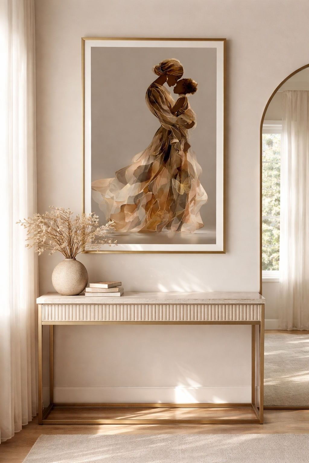 Lámina artística Madre e Hija, Retrato Materno Afrocentrista, Decoración en Tonos Neutros y Dorados