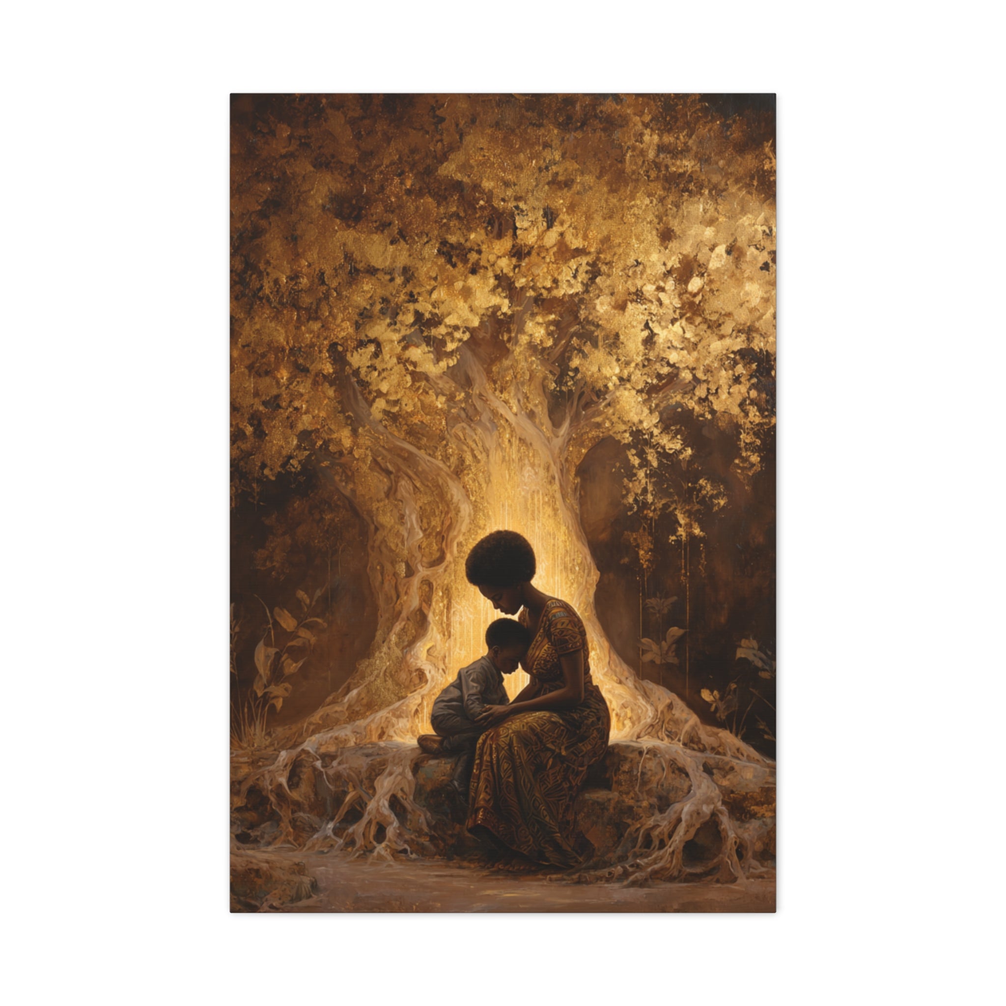 Black Mother and Child Wall Art Canvas Print, African American Motherhood Tree of Life Artwork, Luxury Black Family Canvas Decor, Healing Mother Love Wall Art