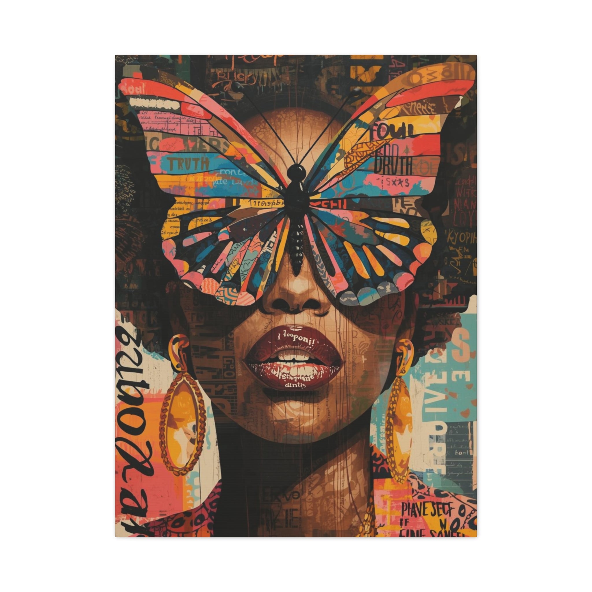 Colorful Butterfly Woman Wall Art Print, Afrocentric Abstract Canvas Art, Large Statement Wall Art, Black Woman Artwork