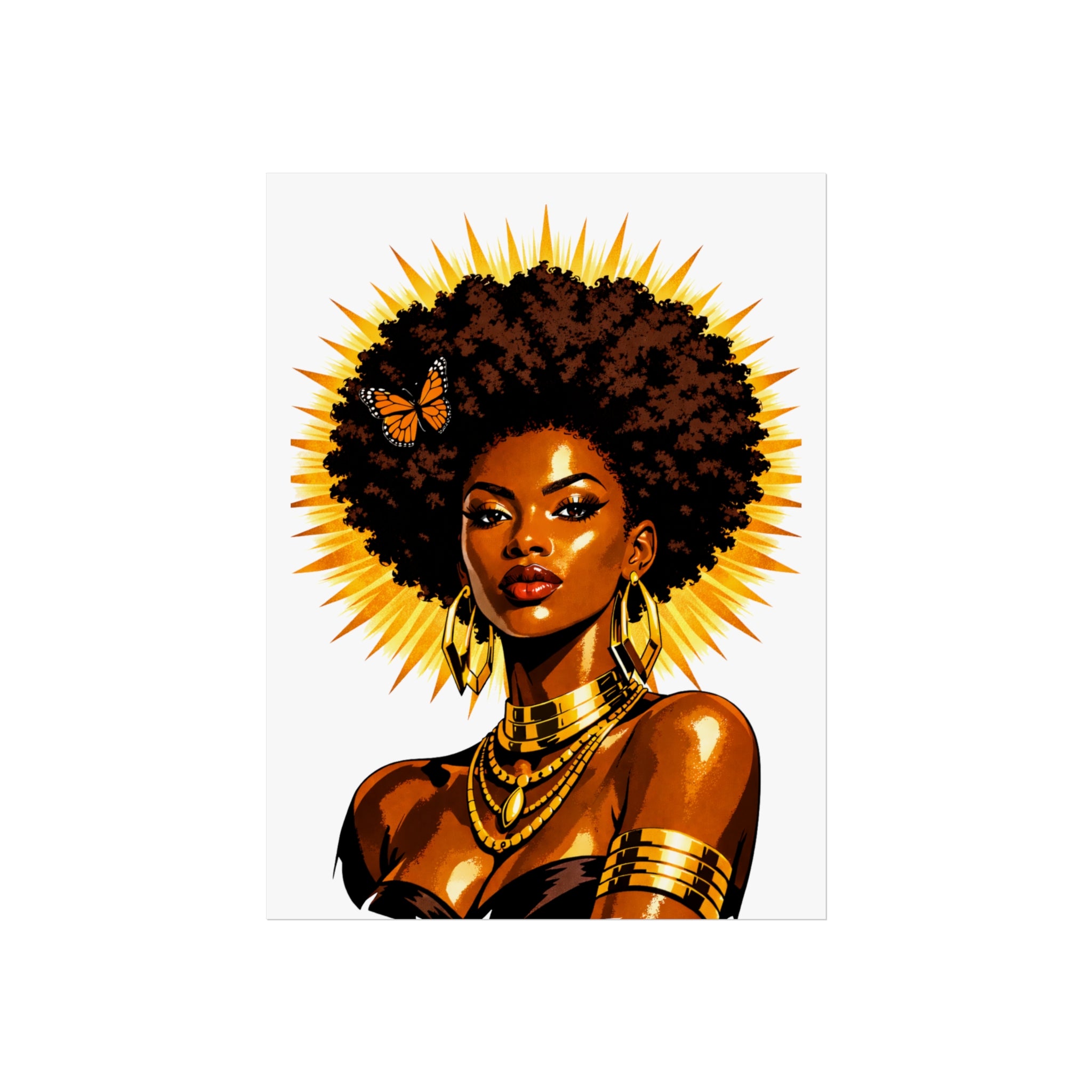Solar Queen Poster – Afrocentric Black Woman Wall Art, Natural Hair Queen Portrait, Gold Halo Empowerment Art Print