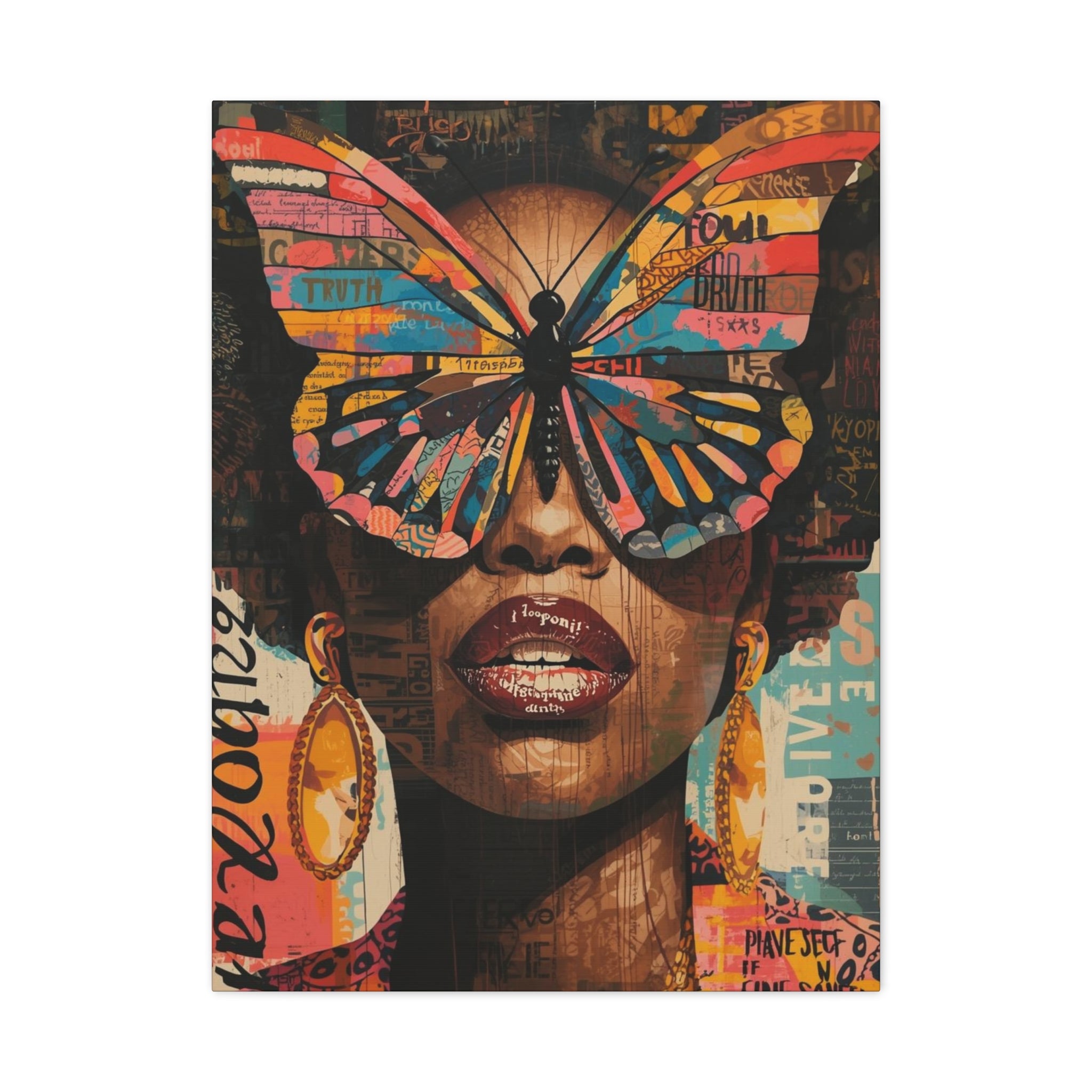 Colorful Butterfly Woman Wall Art Print, Afrocentric Abstract Canvas Art, Large Statement Wall Art, Black Woman Artwork