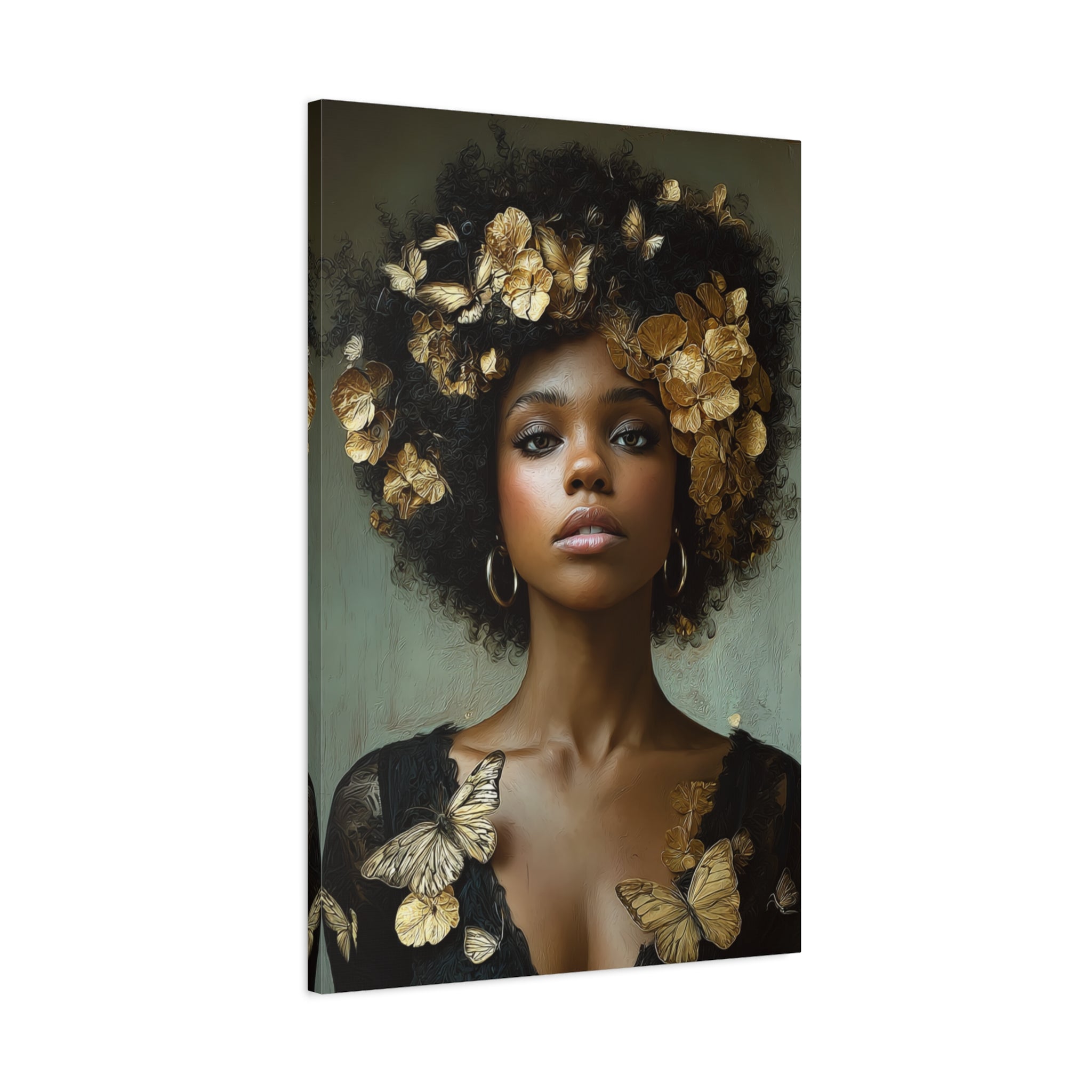 Black Woman Wall Art Canvas – Afro Gold Floral Portrait