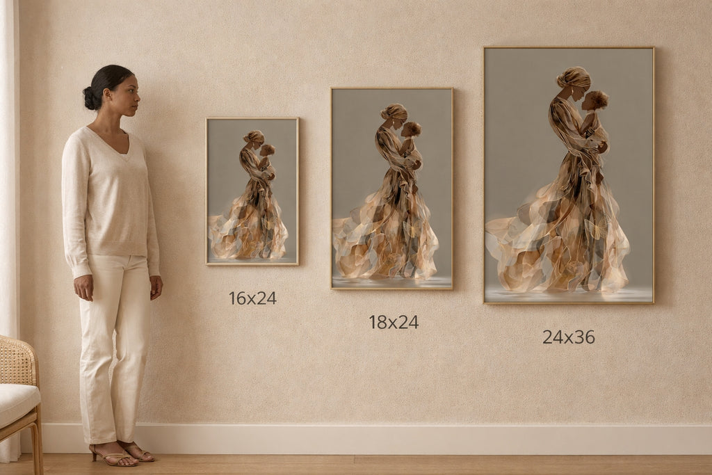 Lámina artística Madre e Hija, Retrato Materno Afrocentrista, Decoración en Tonos Neutros y Dorados