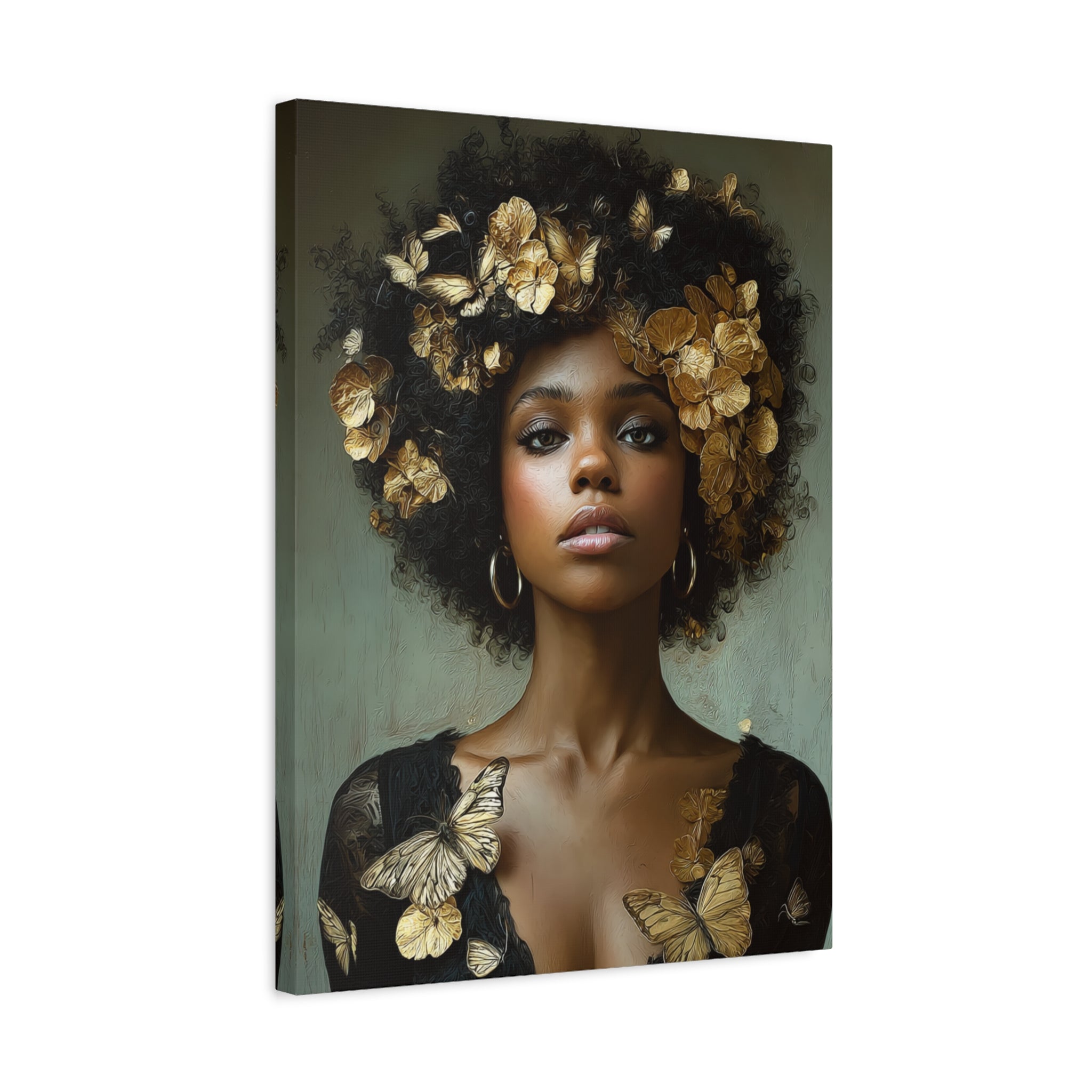 Black Woman Wall Art Canvas – Afro Gold Floral Portrait